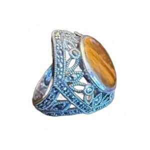 NEW P & K JEWELRY women's sterling marcasite round stone ring in brown/ silver